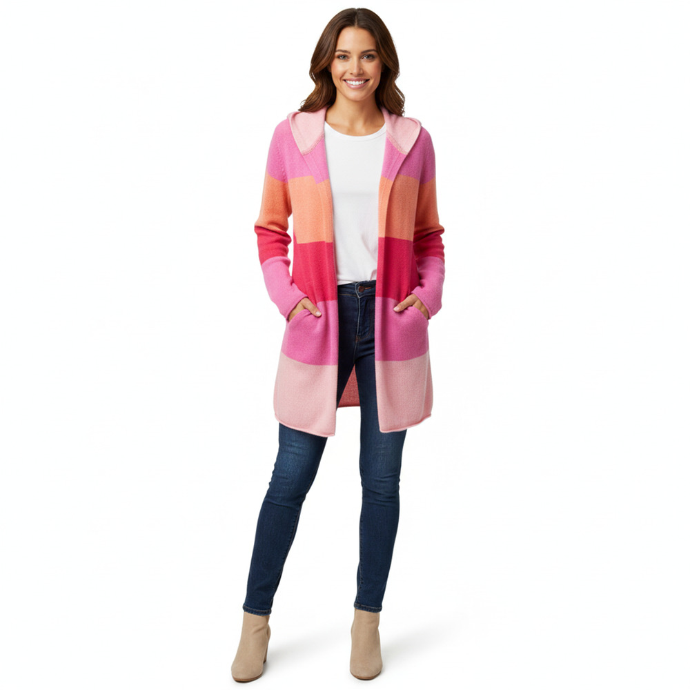 Claudia Nicole Cashmere Striped Hooded Open Cardigan Sweater Pink Orange L